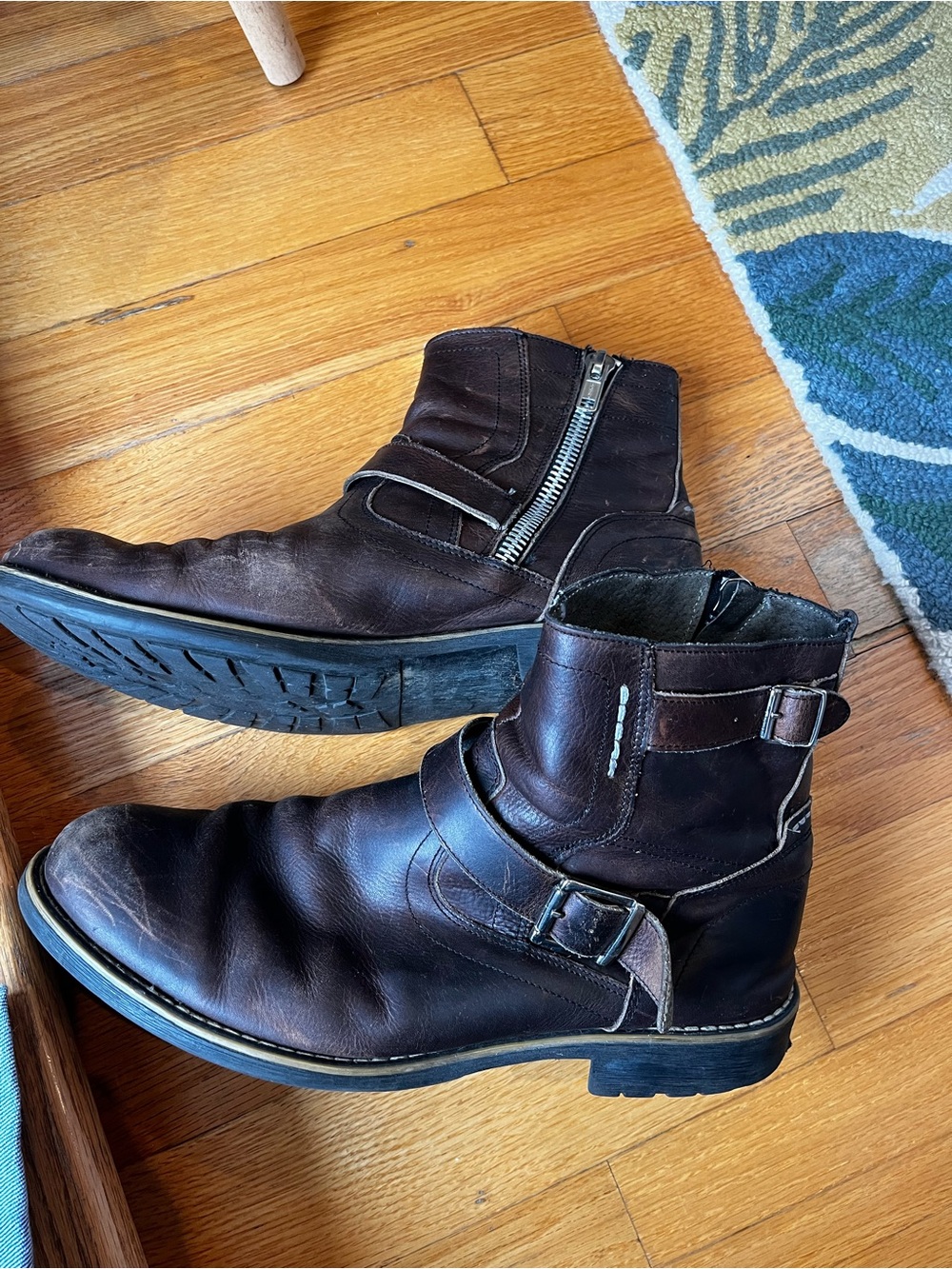 Steve Madden Dark Brown Leather Ankle Boots with Side Zip & Buckle Detail